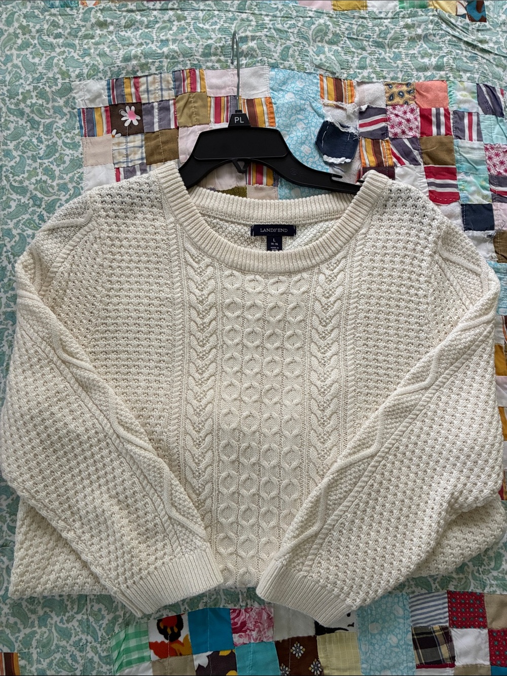 Lands' End Women's Cream Cable Knit Sweater. Size 14-16.
